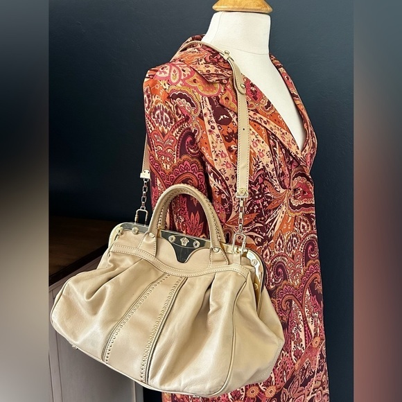 Authentic Versace Beige Leather Studded Frame Satchel with Shoulder Strap - Picture 5 of 16